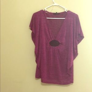 Purple blouse- lie cut black beaded emblem- Lg